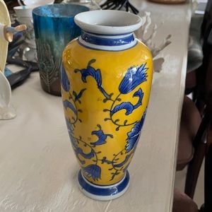 Asian inspired vase blues and yellow gold. 8.5”